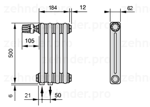 Схема (чертеж) Радиатор Zehnder Charleston 2050/4 №V001 Белый глянцевый RAL 9016